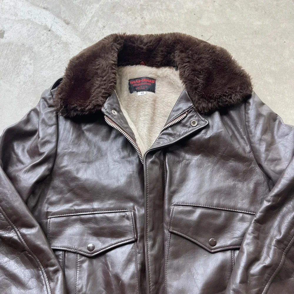 Wear-Guard Vintage Brown Leather Flight Jacket Bomber Faux Fur Collar 42L USA